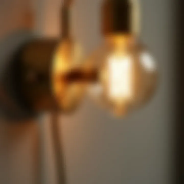 Close-up of aged brass lighting details paired with contemporary decor