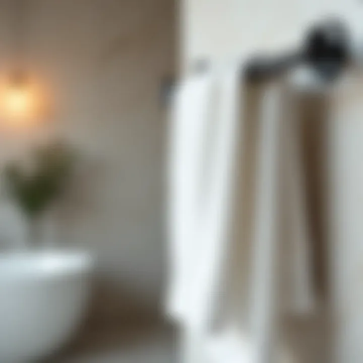 Towels hung on a stylish rack in a serene bathroom