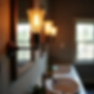 Vintage wall sconces illuminating a rustic bathroom