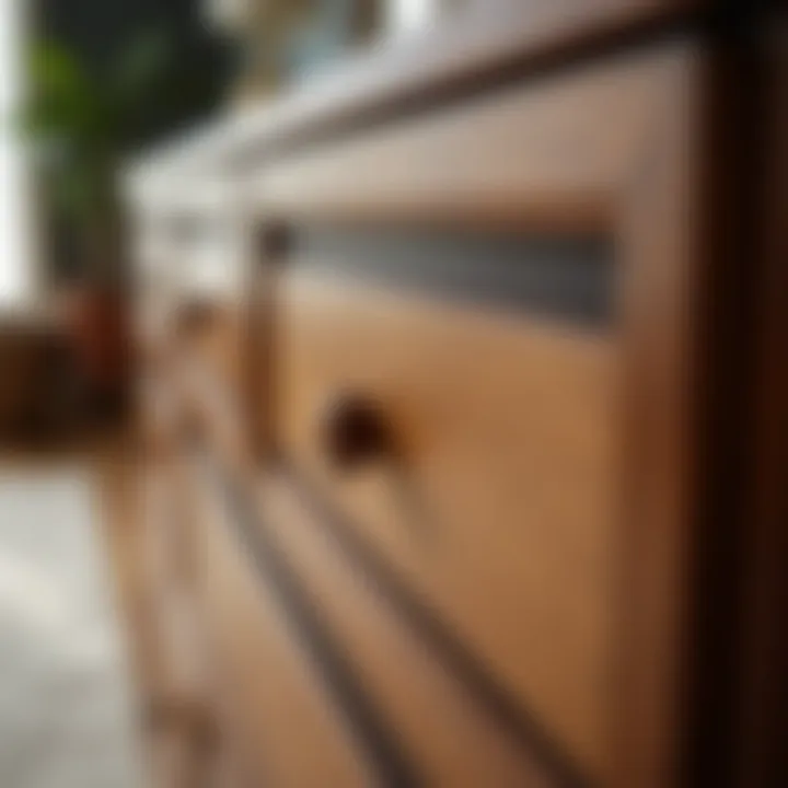 Detailed view of the smooth finishes and wood grain on a chest of drawers