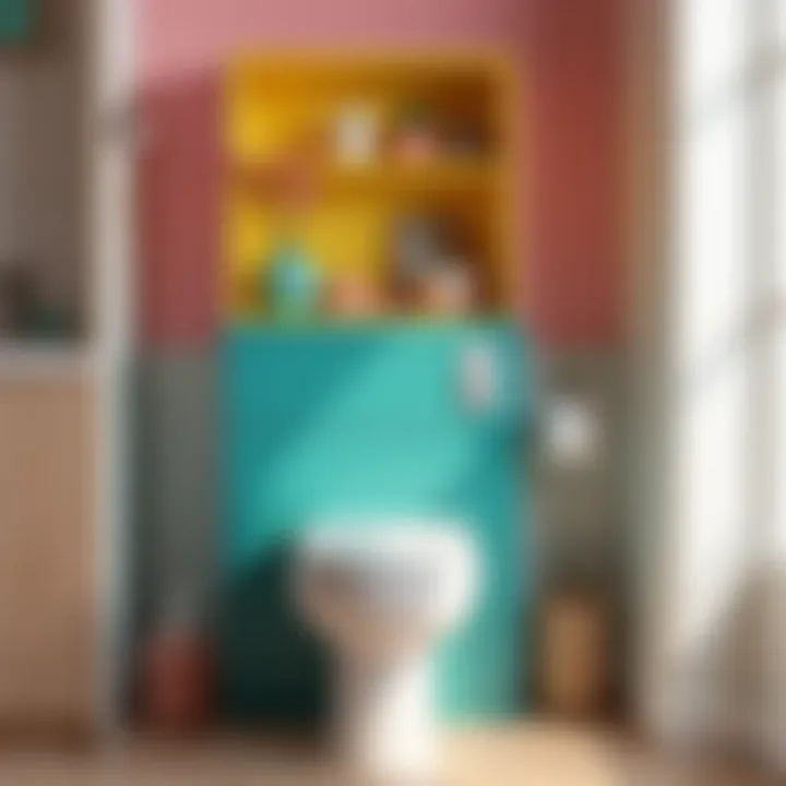 Brightly colored cabinet with decorative items over a toilet