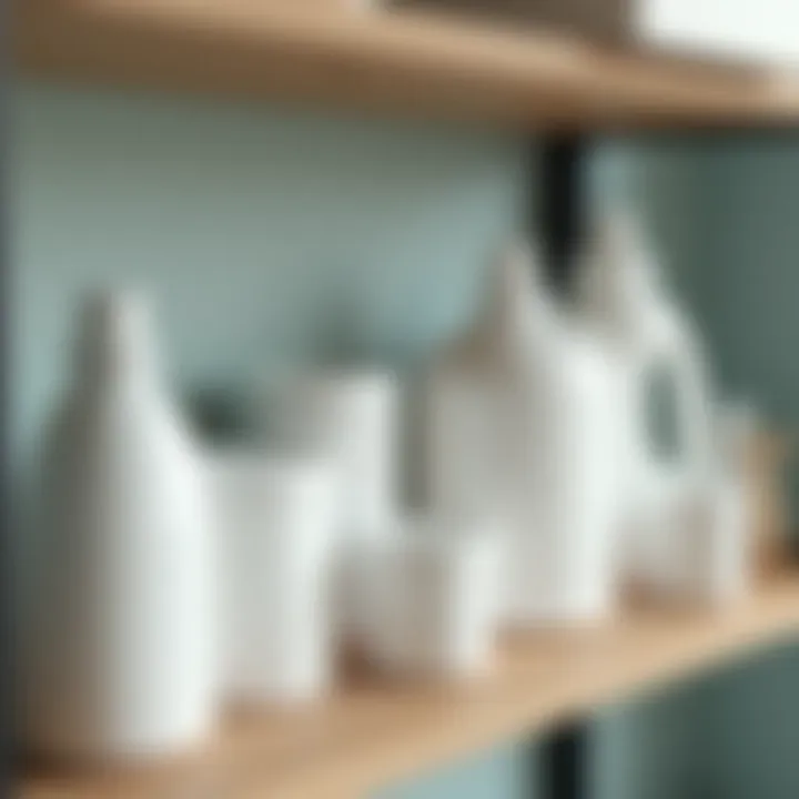 Organized laundry shelf showcasing various detergent jars