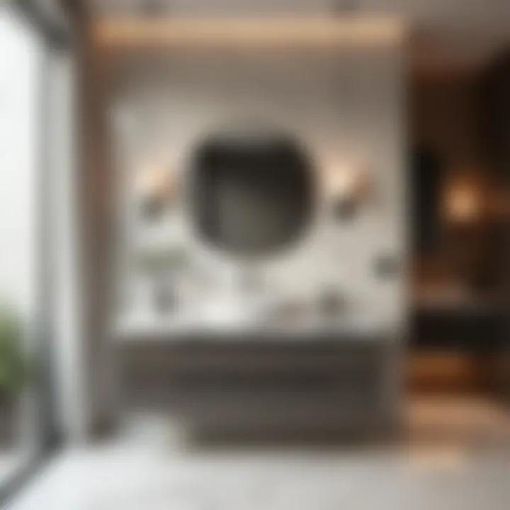 Stylish bathroom showcasing a granite-topped vanity harmonizing with contemporary decor.