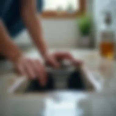 A homeowner performing DIY maintenance on a drain